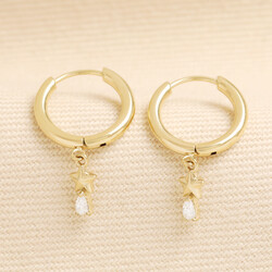 Stainless Steel Clear Crystal and Star Charm Huggie Hoop Earrings in Gold