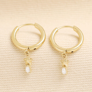 Stainless Steel Clear Crystal and Star Charm Huggie Hoop Earrings in Gold
