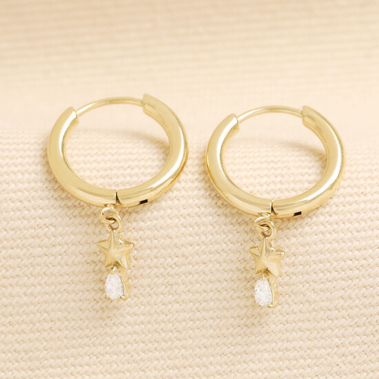 Stainless Steel Clear Crystal and Star Charm Huggie Hoop Earrings in Gold