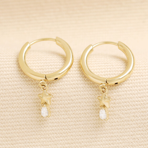 Stainless Steel Clear Crystal and Star Charm Huggie Hoop Earrings in Gold