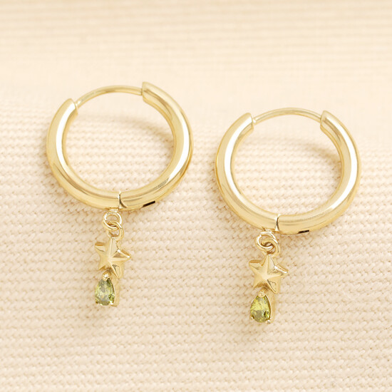 Stainless Steel Green Crystal and Star Charm Huggie Hoop Earrings in Gold
