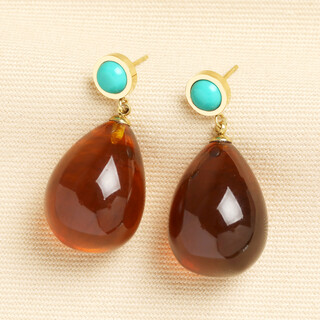 Semi Precious Turquoise and Amber Resin Drop Earring in Gold