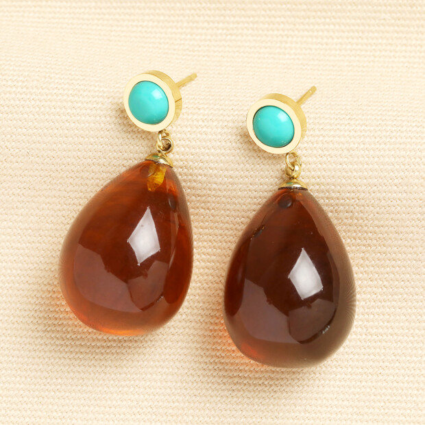 Semi Precious Turquoise and Amber Resin Drop Earring in Gold