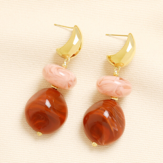 Stainless Steel Chunky Pink and Red Stone Drop Earrings in Gold