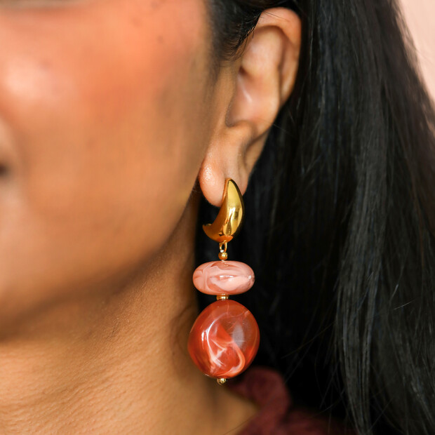 Stainless Steel Chunky Pink and Red Stone Drop Earrings in Gold