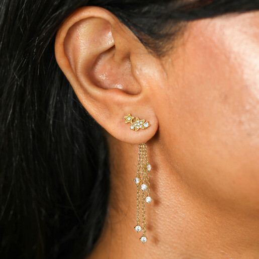 close up model shot of celestial chain drop earrings