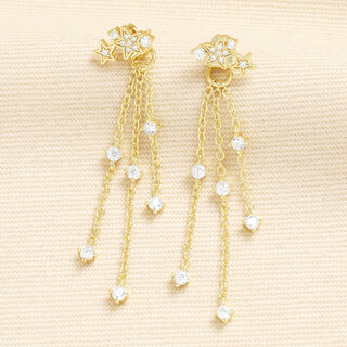Crystal Triple Star Dangle Drop Stud Earrings in Gold