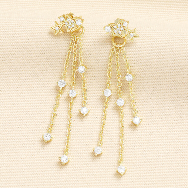Crystal Triple Star Dangle Drop Stud Earrings in Gold