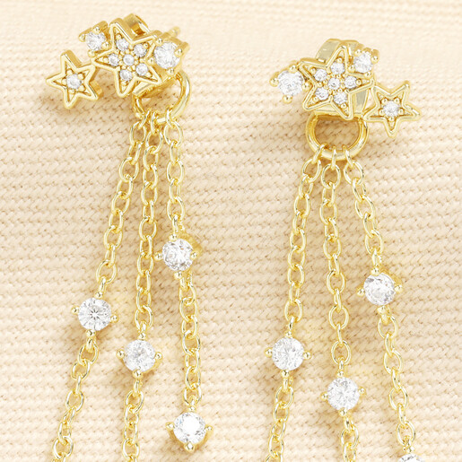 Close up of gold triple star cluster stud with crystal chain drops