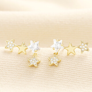 Crystal Triple Star Climber Stud Earrings in Gold