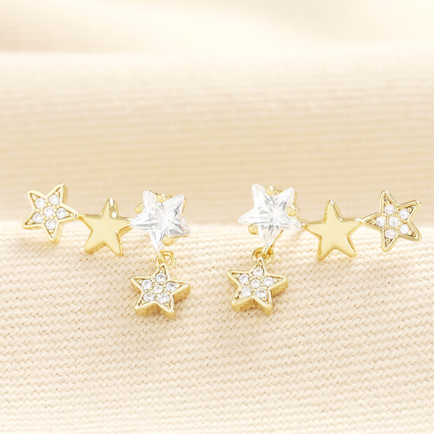 Crystal Triple Star Climber Stud Earrings in Gold