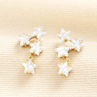 Crystal Triple Star Stud and Charm Earrings in Gold