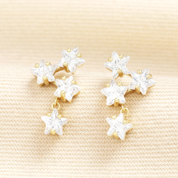 Crystal Triple Star Stud and Charm Earrings in Gold
