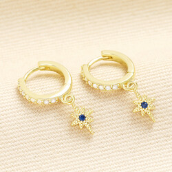 Blue Crystal Star Charm Huggie Hoop Earrings in Gold