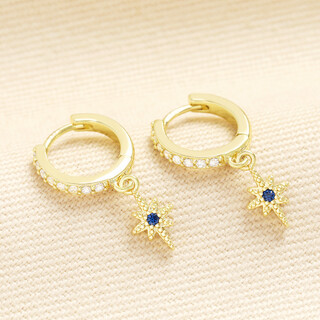 Blue Crystal Star Charm Huggie Hoop Earrings in Gold