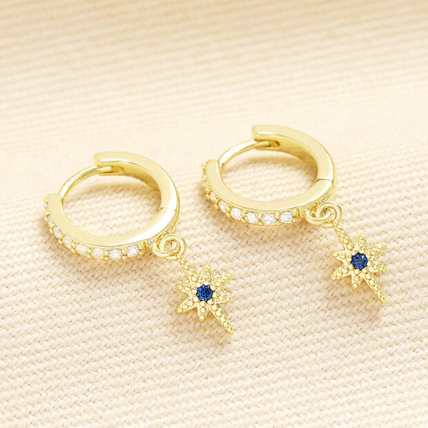 Blue Crystal Star Charm Huggie Hoop Earrings in Gold