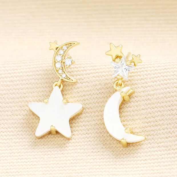 Mismatched Star and Moon Drop Earrings in Gold