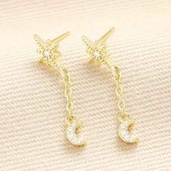 Crystal Star and Moon Drop Earrings in Gold
