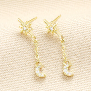 Crystal Star and Moon Drop Earrings in Gold