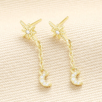 Crystal Star and Moon Drop Earrings in Gold
