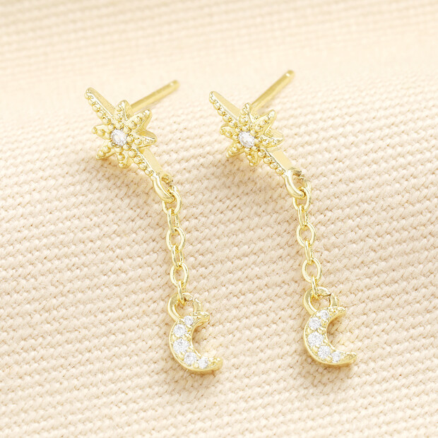 Crystal Star and Moon Drop Earrings in Gold
