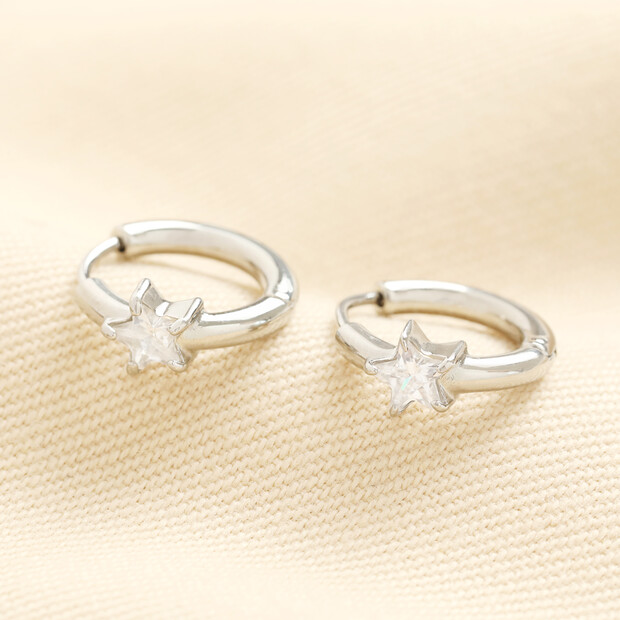 Stainless Steel Crystal Star Huggie Hoop Earrings in Silver