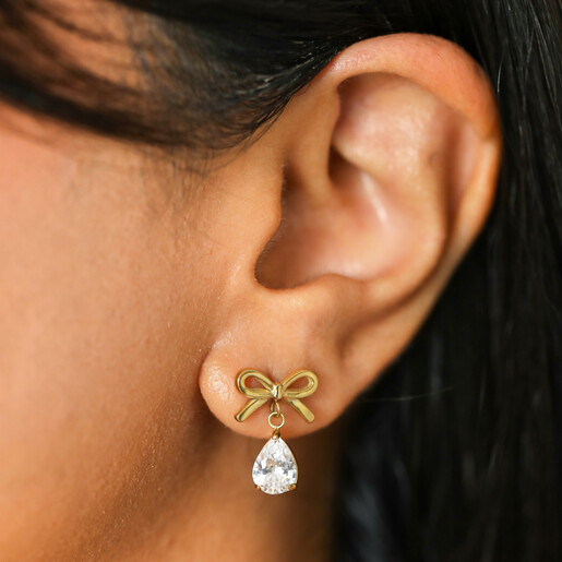 crystal drop earring in gold on model