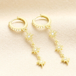 Triple Crystal Star Charm Huggie Hoop Earrings in Gold