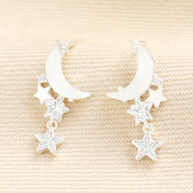 Mother of Pearl Moon and Star Stud Earrings in Silver