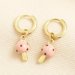Stainless Steel Pink Enamel Mushroom Huggie Hoop Earrings in Gold