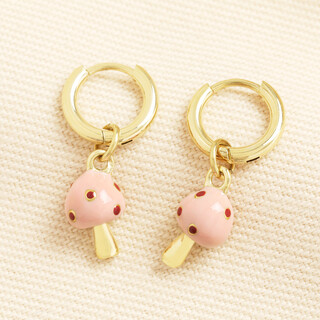 Stainless Steel Pink Enamel Mushroom Huggie Hoop Earrings in Gold