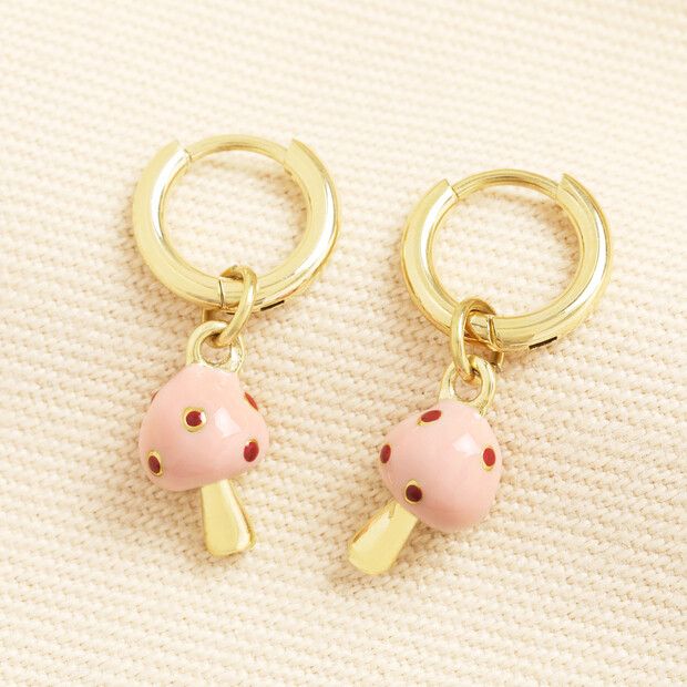 Stainless Steel Pink Enamel Mushroom Huggie Hoop Earrings in Gold