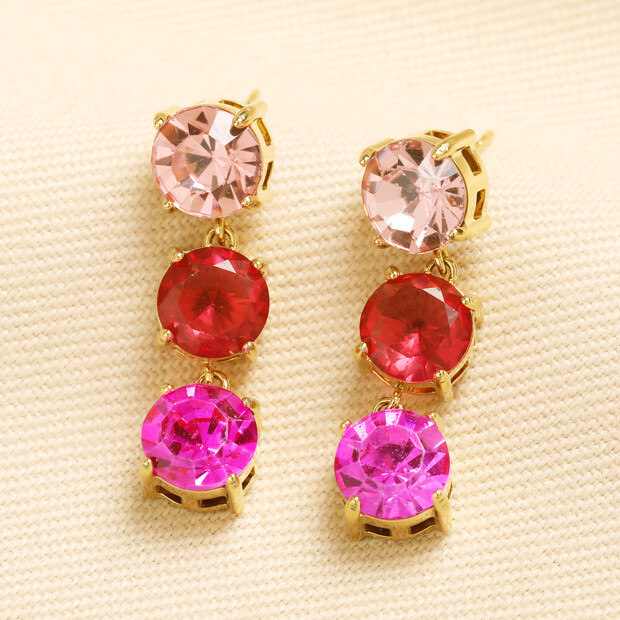 Stainless Steel Pink Triple Gemstone Drop Earrings in Gold