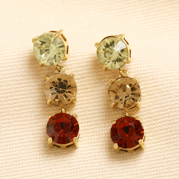 Stainless Steel Brown Triple Gemstone Drop Earrings in Gold