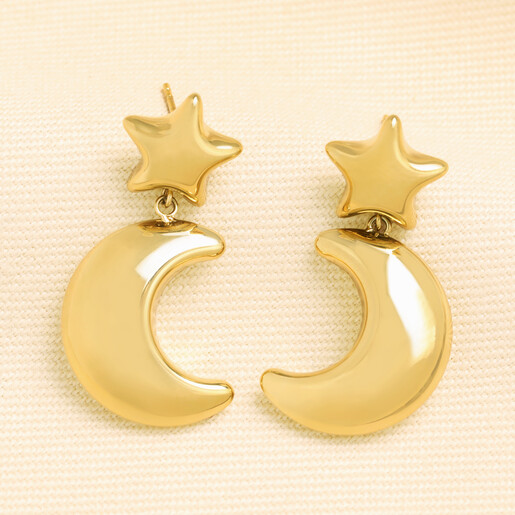 Pair of gold stainless steel chunky star and crescent moon drop earrings