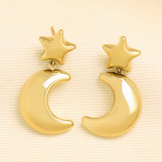 Stainless Steel Chunky Star and Moon Drop Earrings in Gold