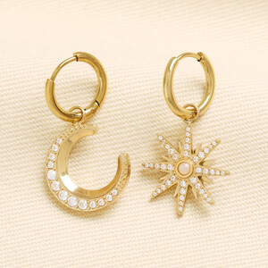 Gold Stainless Steel Moon and Star Huggie Hoops Earrings