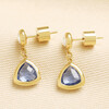 Gold stainless steel drop earrings with faceted blue triangle charms and clear crystal studs