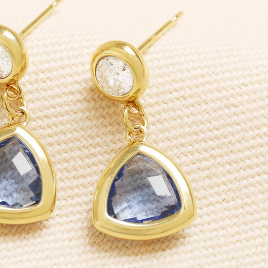 Gold Stainless Steel Blue Triangle Glass Drop Earrings