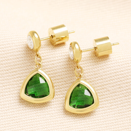 Pair of gold stainless steel drop earrings with faceted green glass triangle pendants