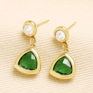 Stainless Steel Green Triangle Drop Earrings in Gold