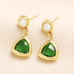 Gold Stainless Steel Green Triangle Glass Drop Earrings