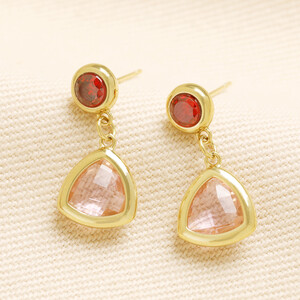 Gold Stainless Steel Pink Triangle Glass Drop Earrings