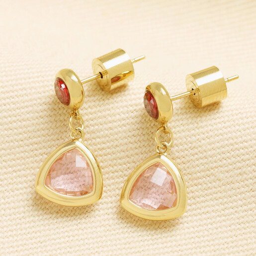 Back view of gold pink triangle drop earrings showing barrel push back fastenings