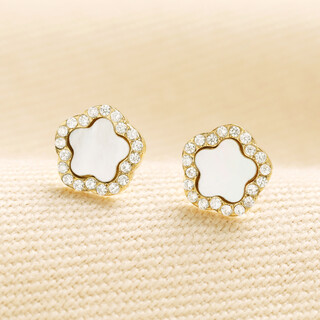 Mother of Pearl Flower Crystal Stud Earrings in Gold