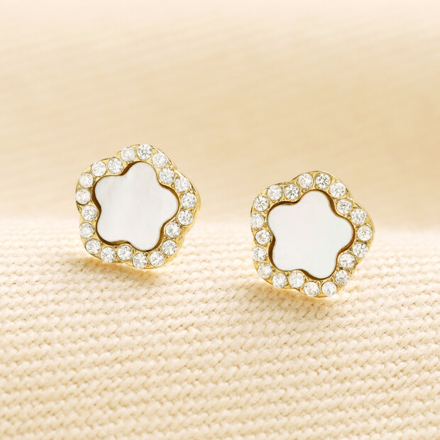 Mother of Pearl Flower Crystal Stud Earrings in Gold