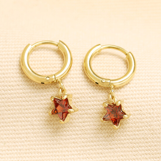 Stainless Steel Birthstone Star Charm Huggie Hoop Earrings in Gold - January