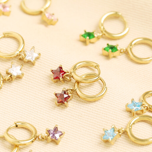 Stainless Steel Birthstone Star Charm Huggie Hoop Earrings in Gold