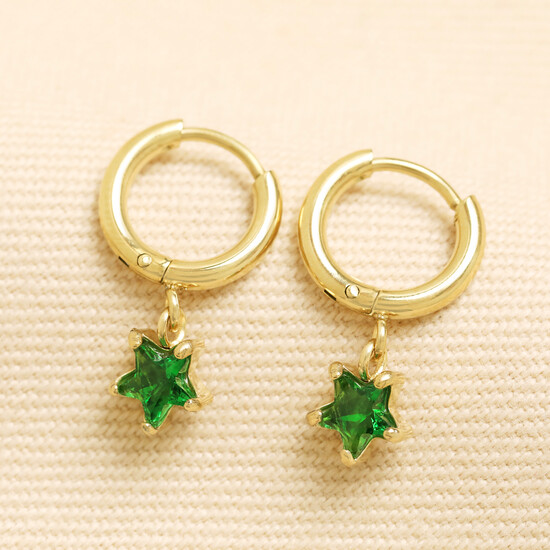 Stainless Steel Birthstone Star Charm Huggie Hoop Earrings in Gold - May