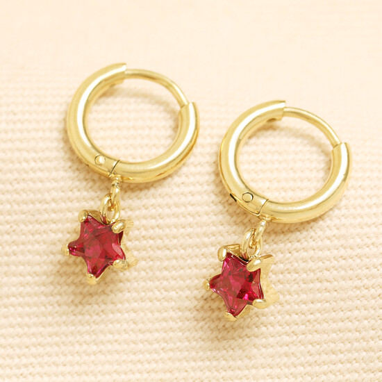 Stainless Steel Birthstone Star Charm Huggie Hoop Earrings in Gold - July
